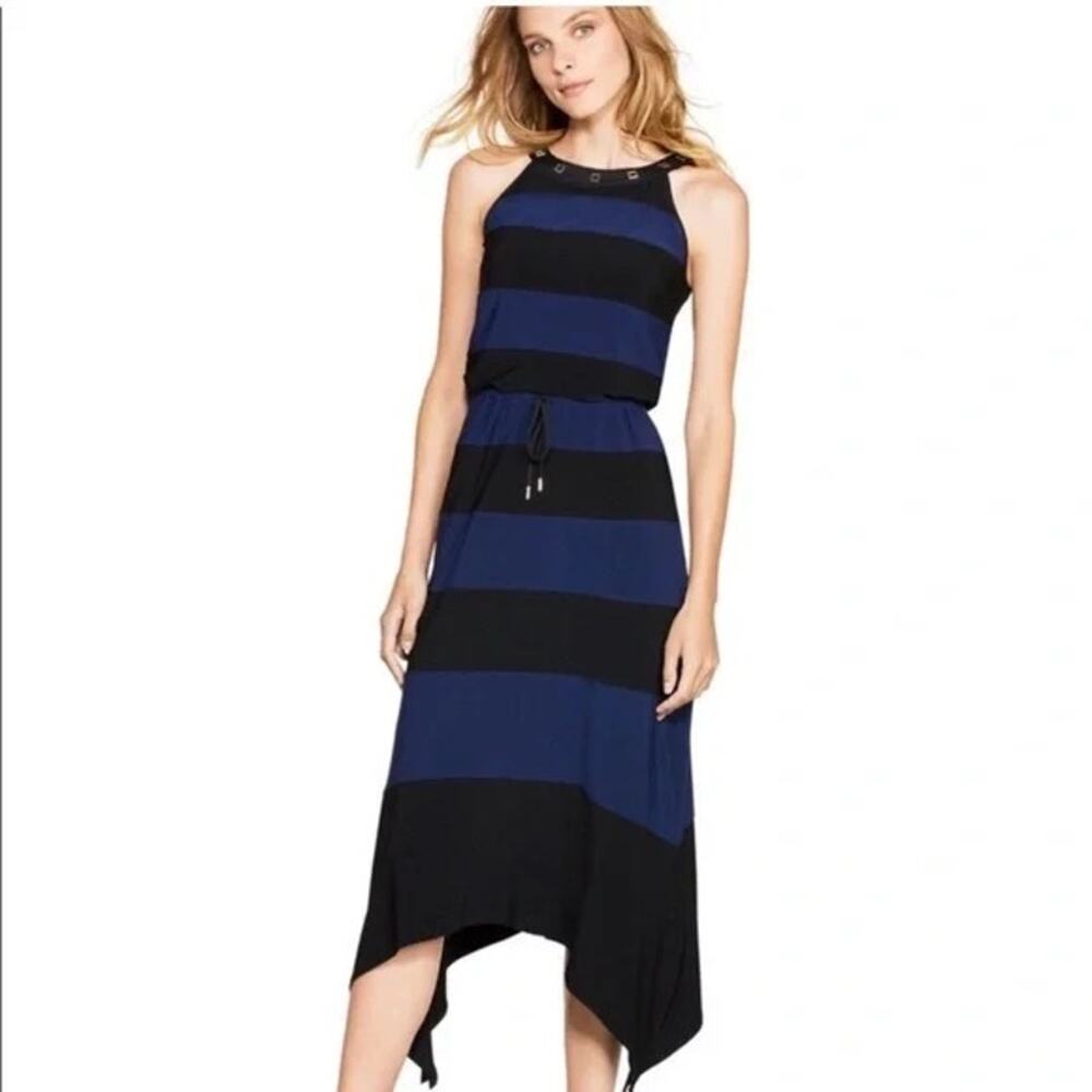 White House Black Market Striped Asymmetrical Hem Dress Size S Small Blue Black
